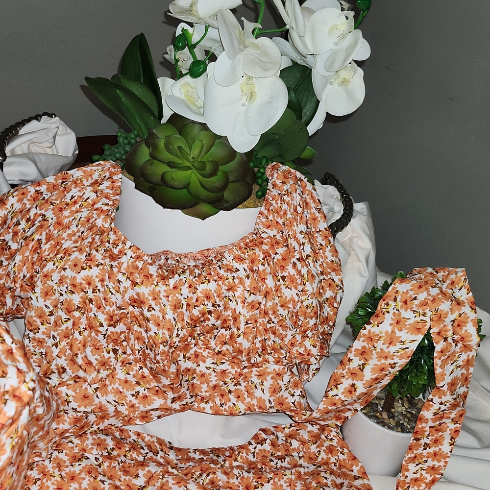Women's 2 Piece Outfits Floral Self Tie Knot Crop Top and. - Picture 4 of 8